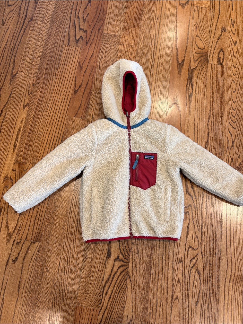 Patagonia Kids Cream Sherpa Hoodie with Red Pocket & Hood Lining